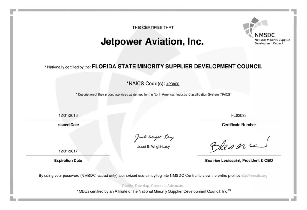 Jetpower Aviation Minority Certificate
